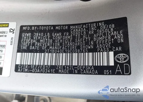 2009 Toyota Corolla S from USA, damaged, VIN 2T1BU40E19C098765